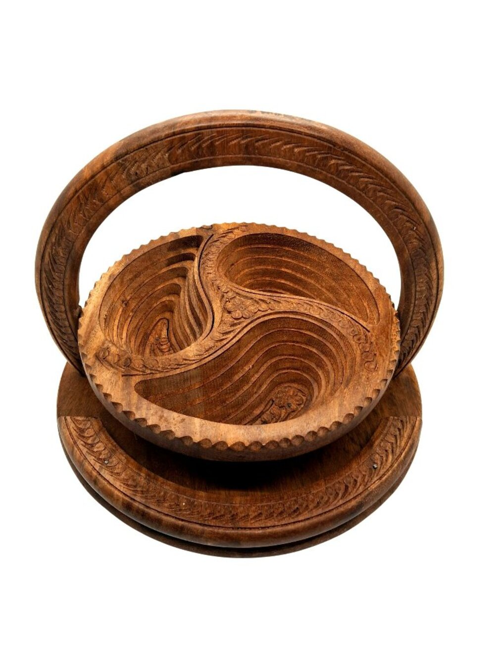 Vintage Hand-Carved Wooden Collapsible Basket With Intricate Floral Design